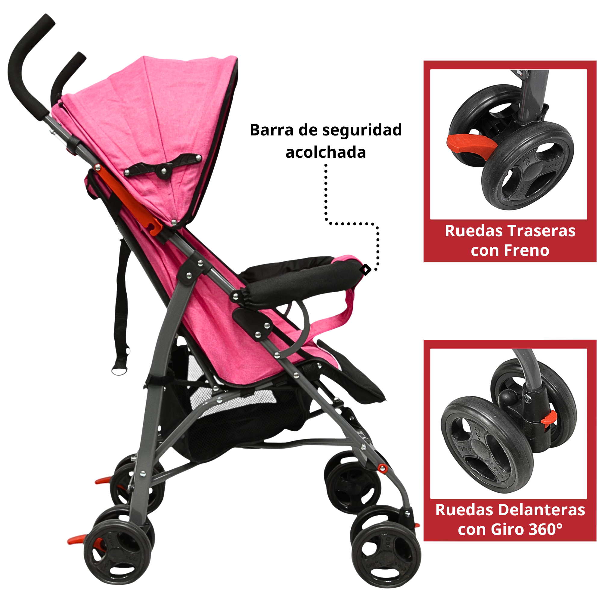 Foto 4 pulgar | Carriola De Bastón Para Bebé Asiento Multiposiciones Ruedas Con Freno Cinturón De 5 Puntos Soporta Hasta 15 Kg - Rosa