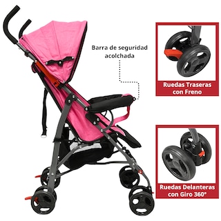 Foto 3 | Carriola De Bastón Para Bebé Asiento Multiposiciones Ruedas Con Freno Cinturón De 5 Puntos Soporta Hasta 15 Kg - Rosa