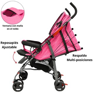 Foto 4 | Carriola De Bastón Para Bebé Asiento Multiposiciones Ruedas Con Freno Cinturón De 5 Puntos Soporta Hasta 15 Kg - Rosa