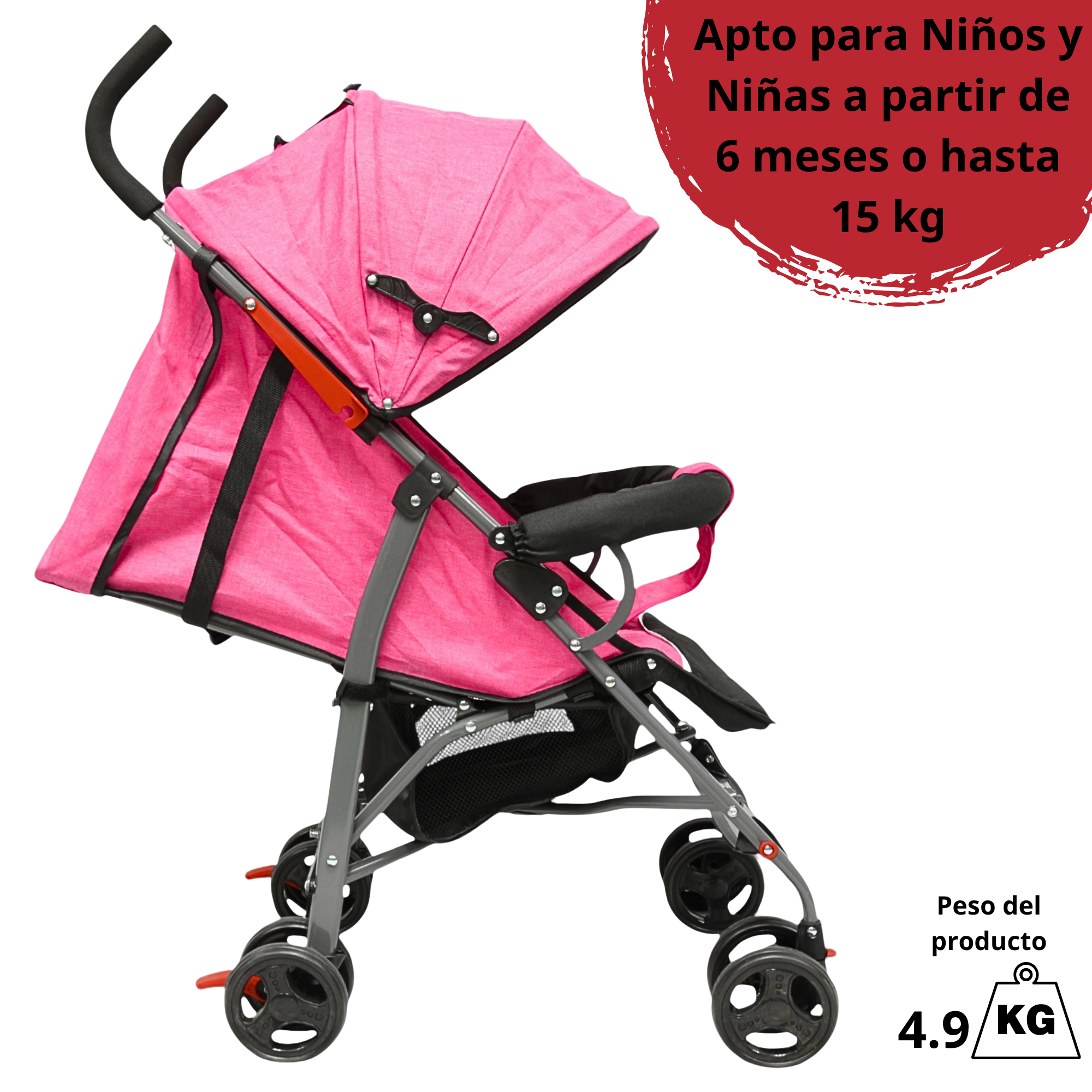 Foto 7 pulgar | Carriola De Bastón Para Bebé Asiento Multiposiciones Ruedas Con Freno Cinturón De 5 Puntos Soporta Hasta 15 Kg - Rosa