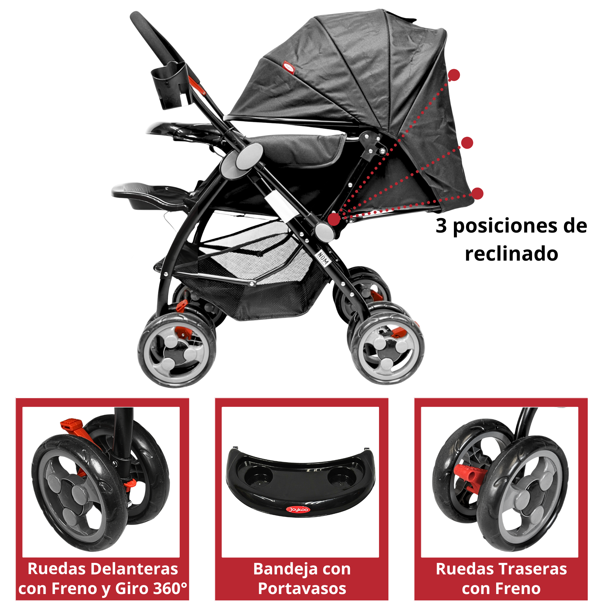 Foto 3 | Carriola Para Bebé Manubrio Reversible Asiento Reclinable Frenos Y Cinturón De Seguridad Soporta Hasta 15 Kg - Negro