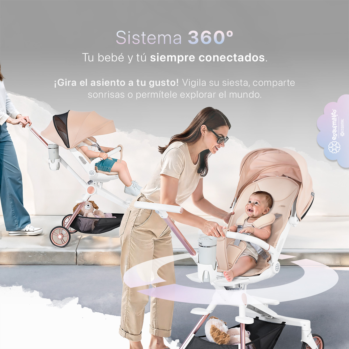 Foto 3 pulgar | Carriola Para Bebé Esquimal Plegable Ligera Beige  Portátil Con Asiento Giratorio 360°