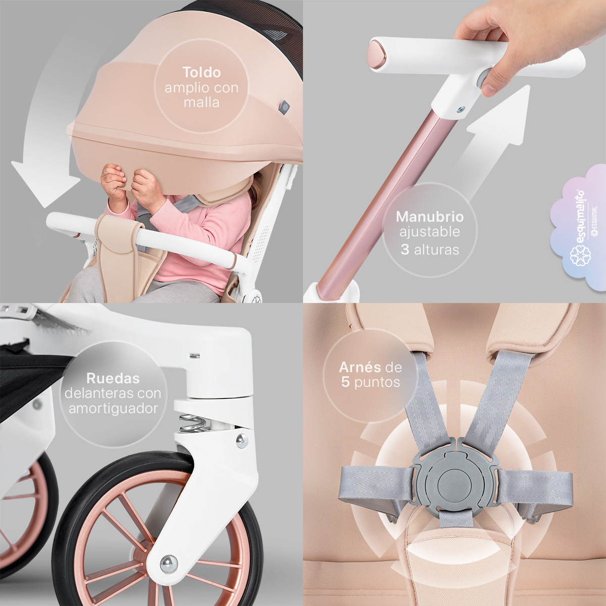 Foto 5 pulgar | Carriola Para Bebé Esquimal Plegable Ligera Beige  Portátil Con Asiento Giratorio 360°