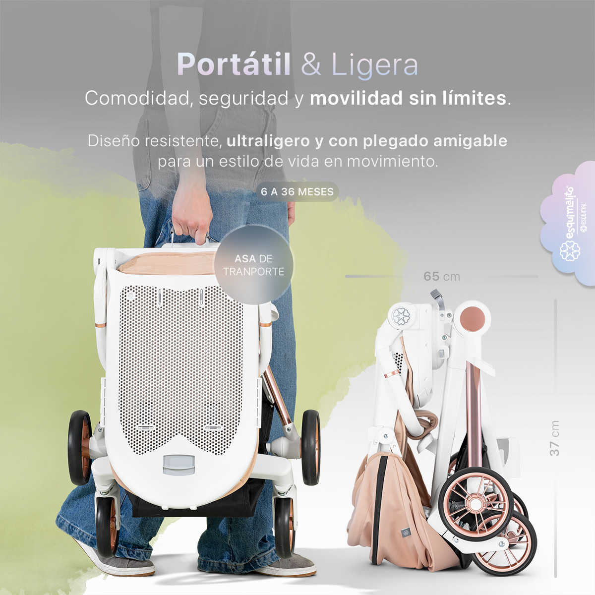Foto 6 pulgar | Carriola Para Bebé Esquimal Plegable Ligera Beige  Portátil Con Asiento Giratorio 360°