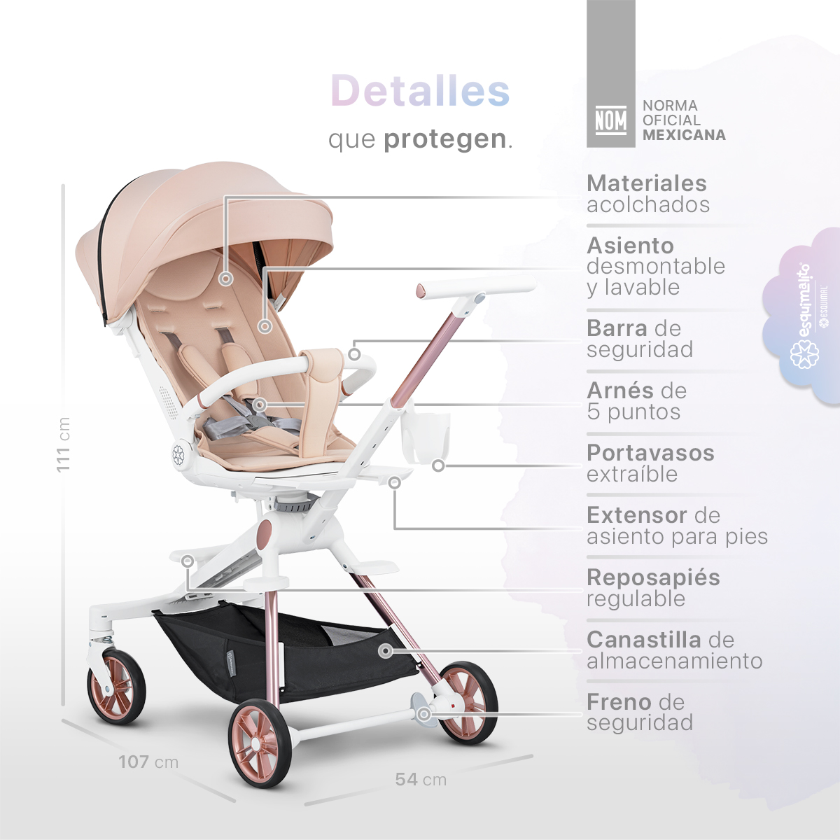 Foto 7 pulgar | Carriola Para Bebé Esquimal Plegable Ligera Beige  Portátil Con Asiento Giratorio 360°