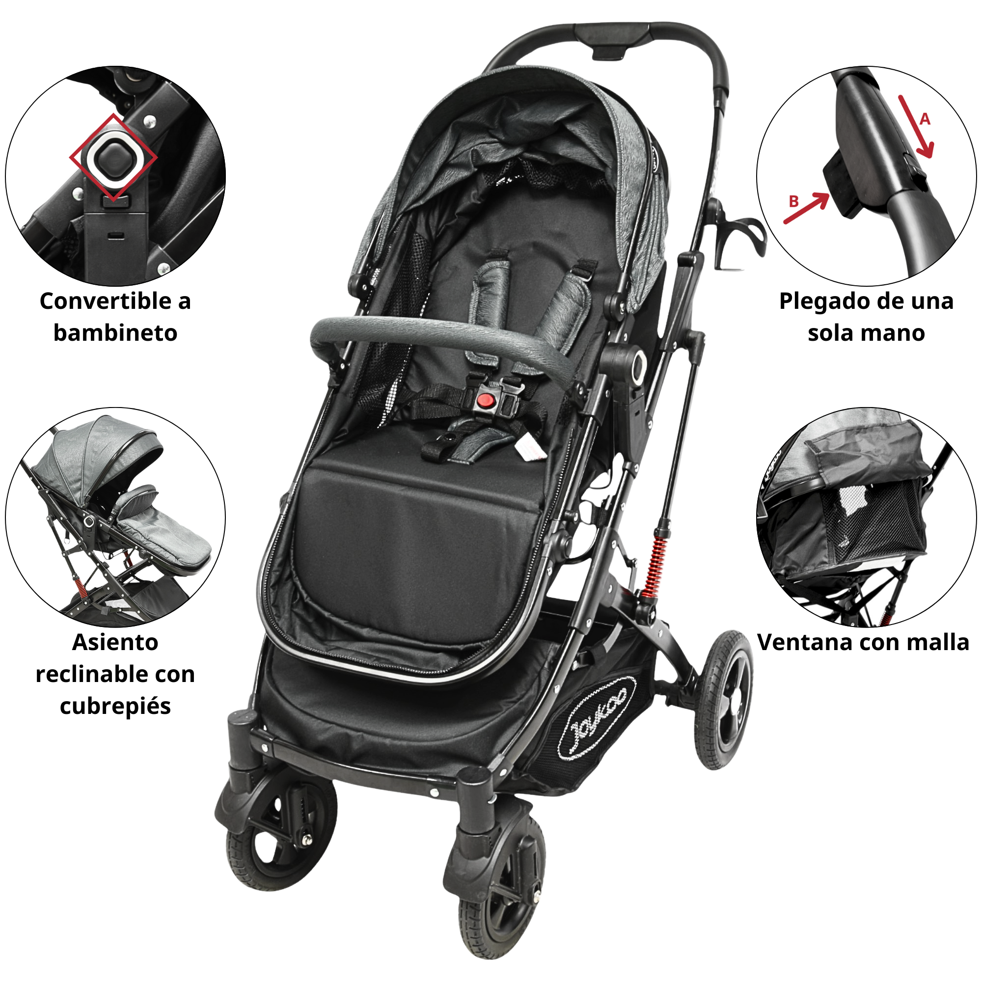 Foto 6 | Carriola Para Bebé Con Portabebé Reversible Convertible A Bambineto Ruedas De Goma Con Freno Plegable Cinturón