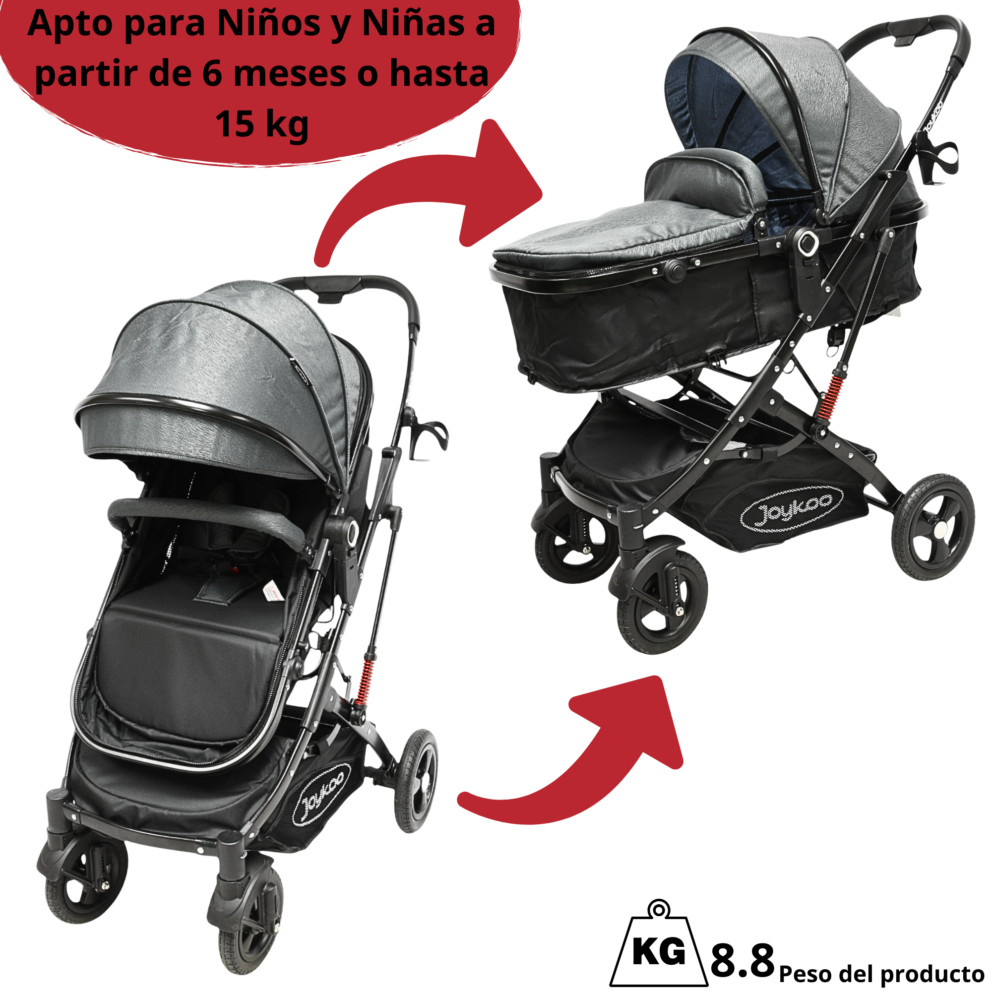 Foto 8 pulgar | Carriola Para Bebé Con Portabebé Reversible Convertible A Bambineto Ruedas De Goma Con Freno Plegable Cinturón