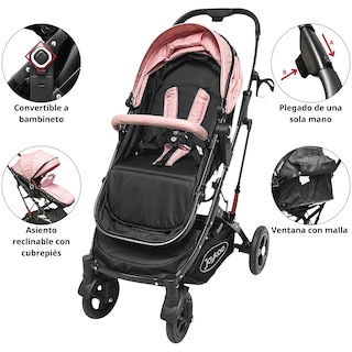 Foto 4 | Carriola Para Bebé Con Asiento Reversible Convertible A Bambineto Ruedas De Goma Plegable Cinturón De 5 Puntos - Rosa