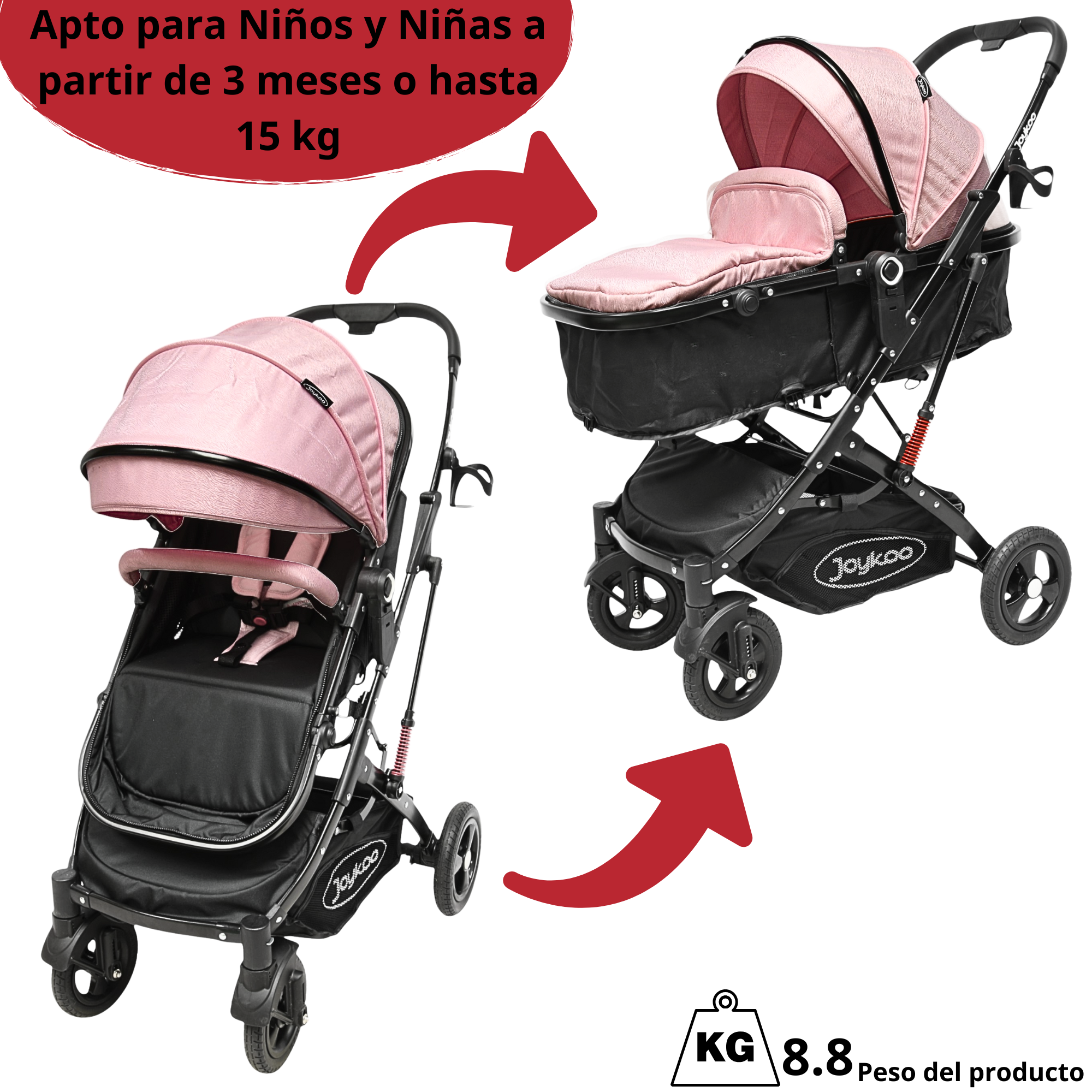 Foto 7 pulgar | Carriola Para Bebé Con Asiento Reversible Convertible A Bambineto Ruedas De Goma Plegable Cinturón De 5 Puntos - Rosa