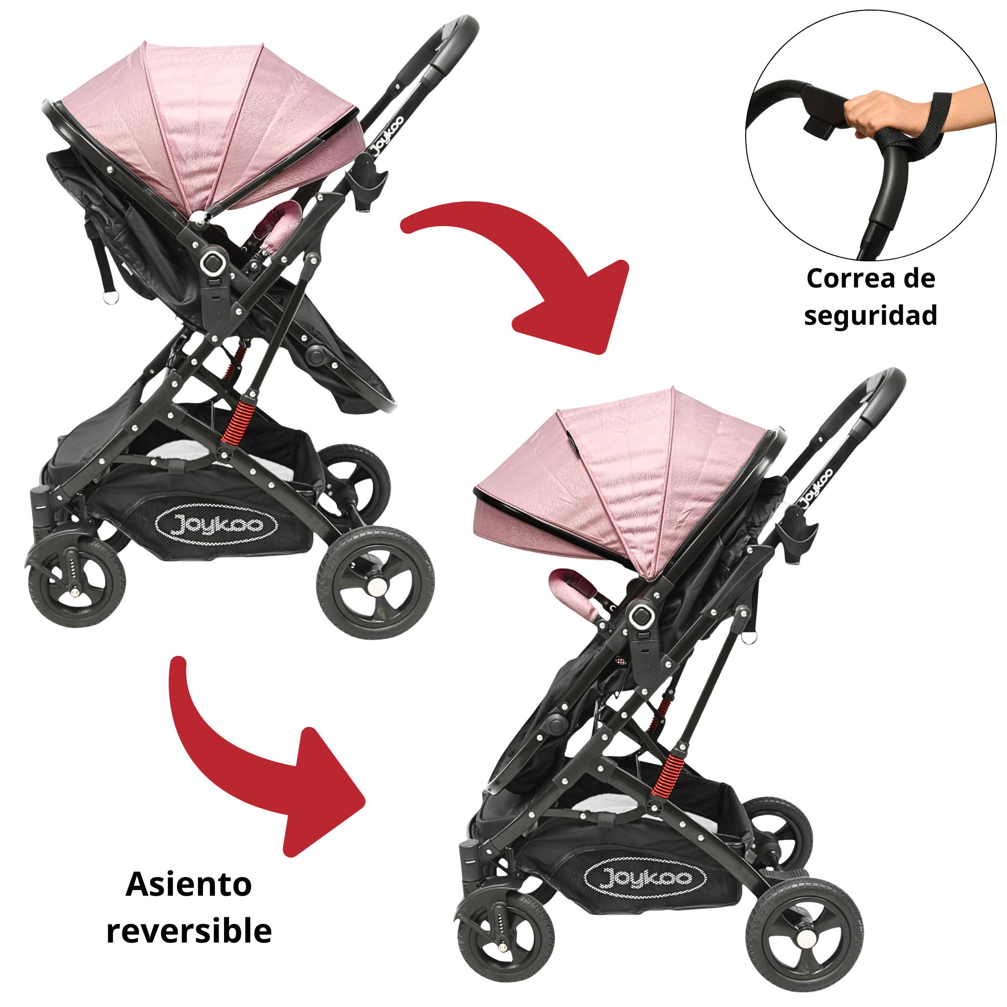 Foto 8 pulgar | Carriola Para Bebé Con Asiento Reversible Convertible A Bambineto Ruedas De Goma Plegable Cinturón De 5 Puntos - Rosa