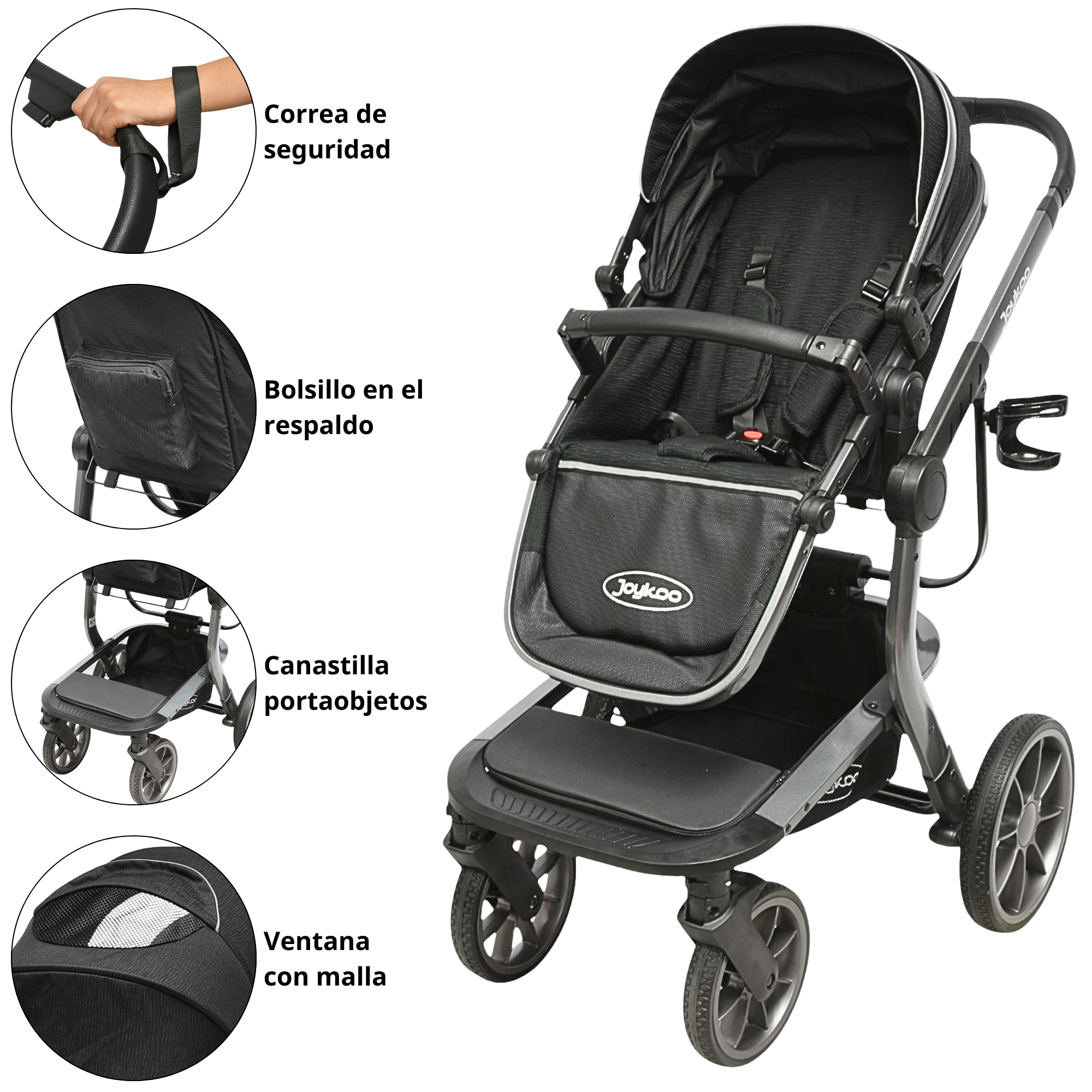 Foto 5 pulgar | Carriola Para Bebé Asiento Reversible Bambineto Acolchado Ruedas De Goma Plegable Cinturón De Seguridad - Negro