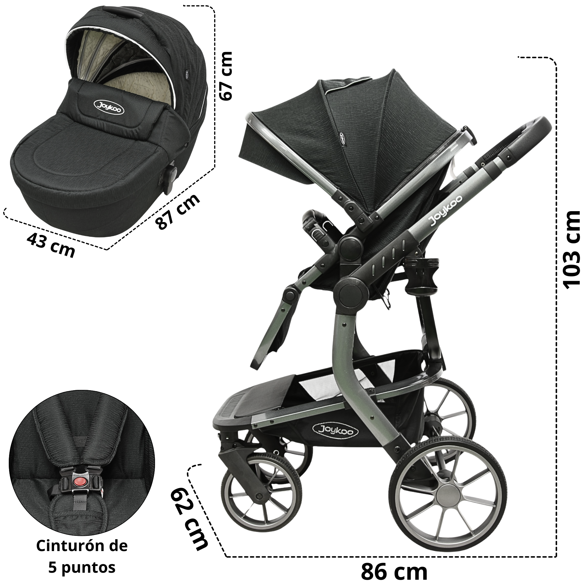 Foto 6 pulgar | Carriola Para Bebé Asiento Reversible Bambineto Acolchado Ruedas De Goma Plegable Cinturón De Seguridad - Negro
