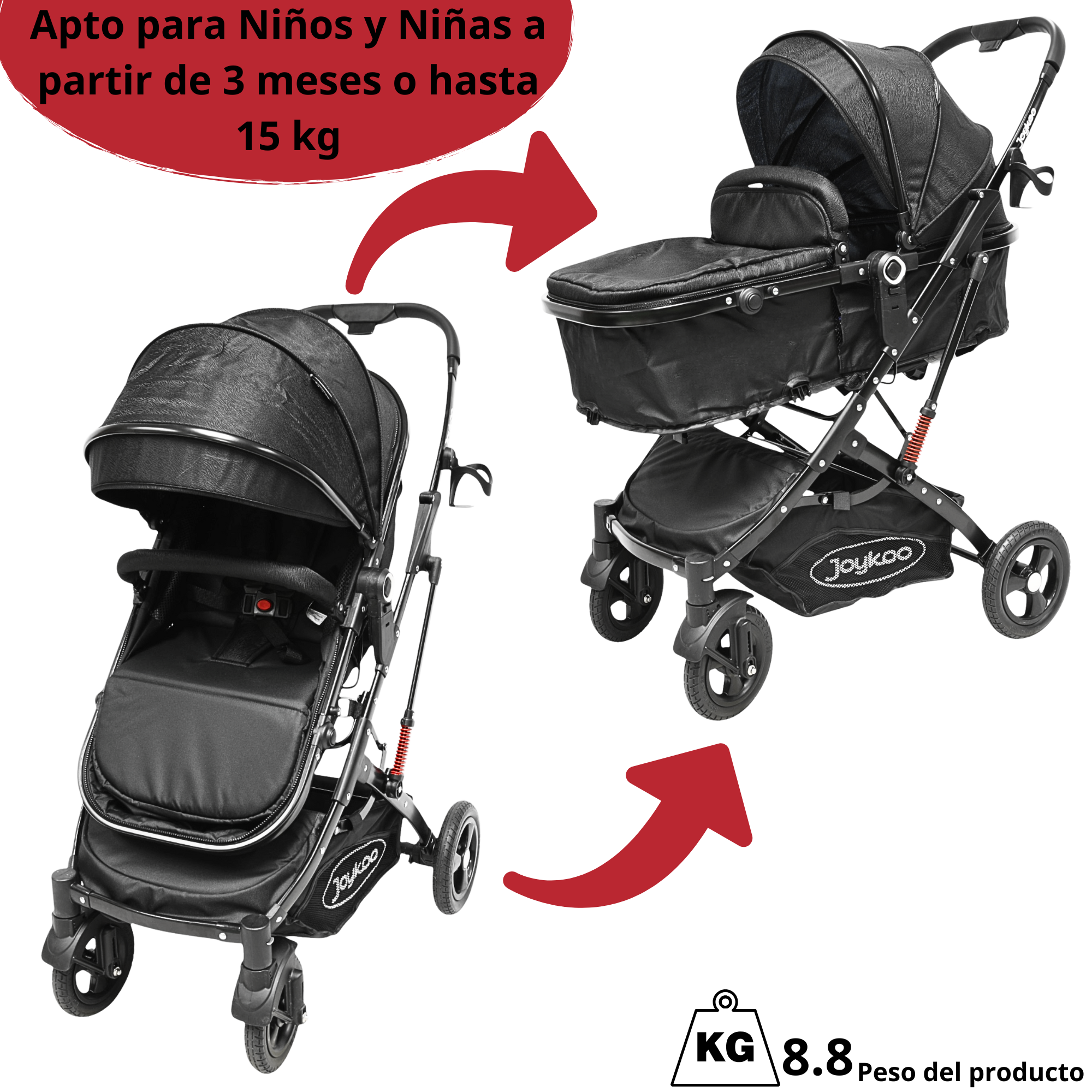 Foto 7 pulgar | Carriola Para Bebé Con Asiento Reversible Convertible A Bambineto Ruedas De Goma Plegable Cinturón De 5 Puntos - Negro