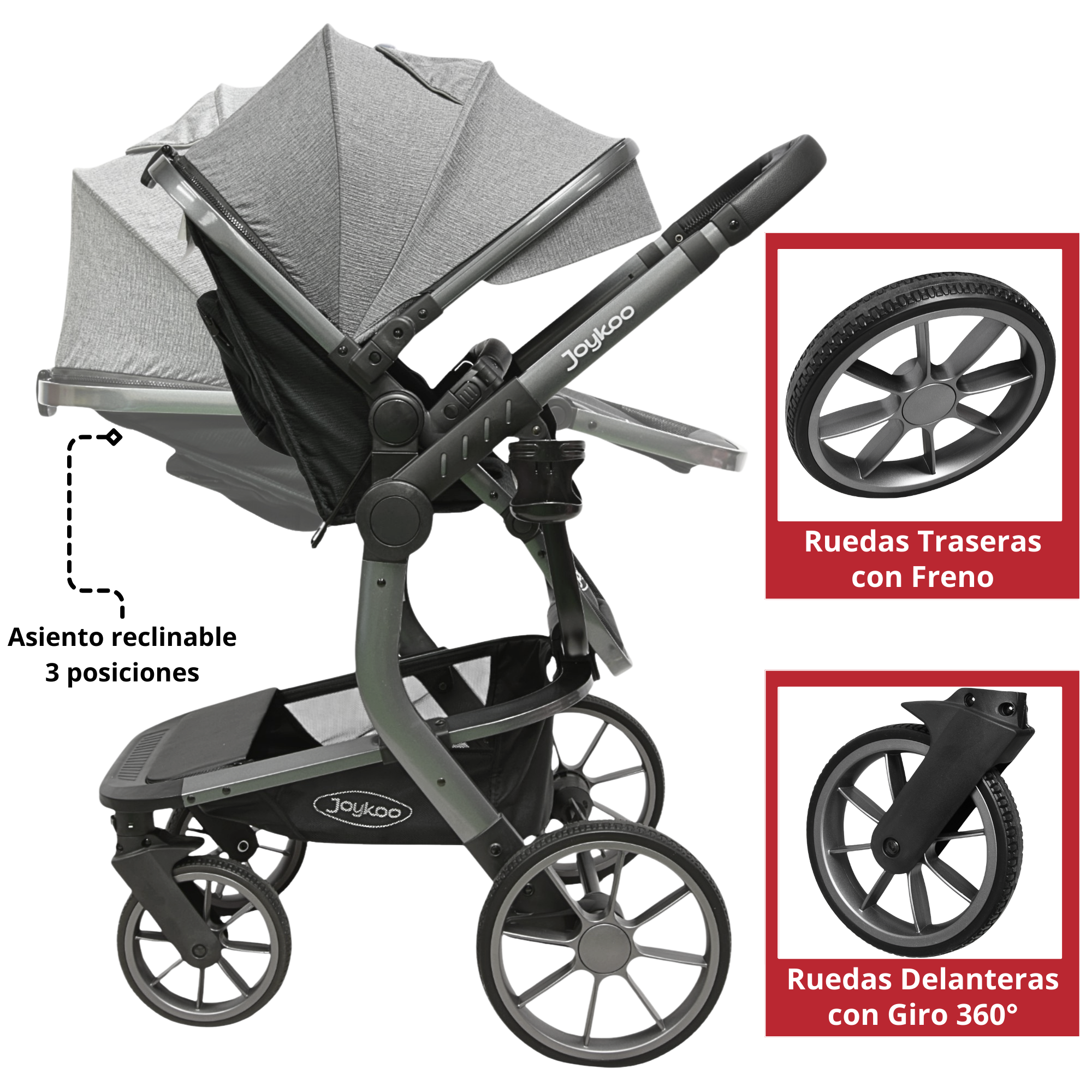 Foto 3 | Carriola Para Bebé Asiento Reversible Bambineto Acolchado Ruedas De Goma Plegable Cinturón De Seguridad - Gris