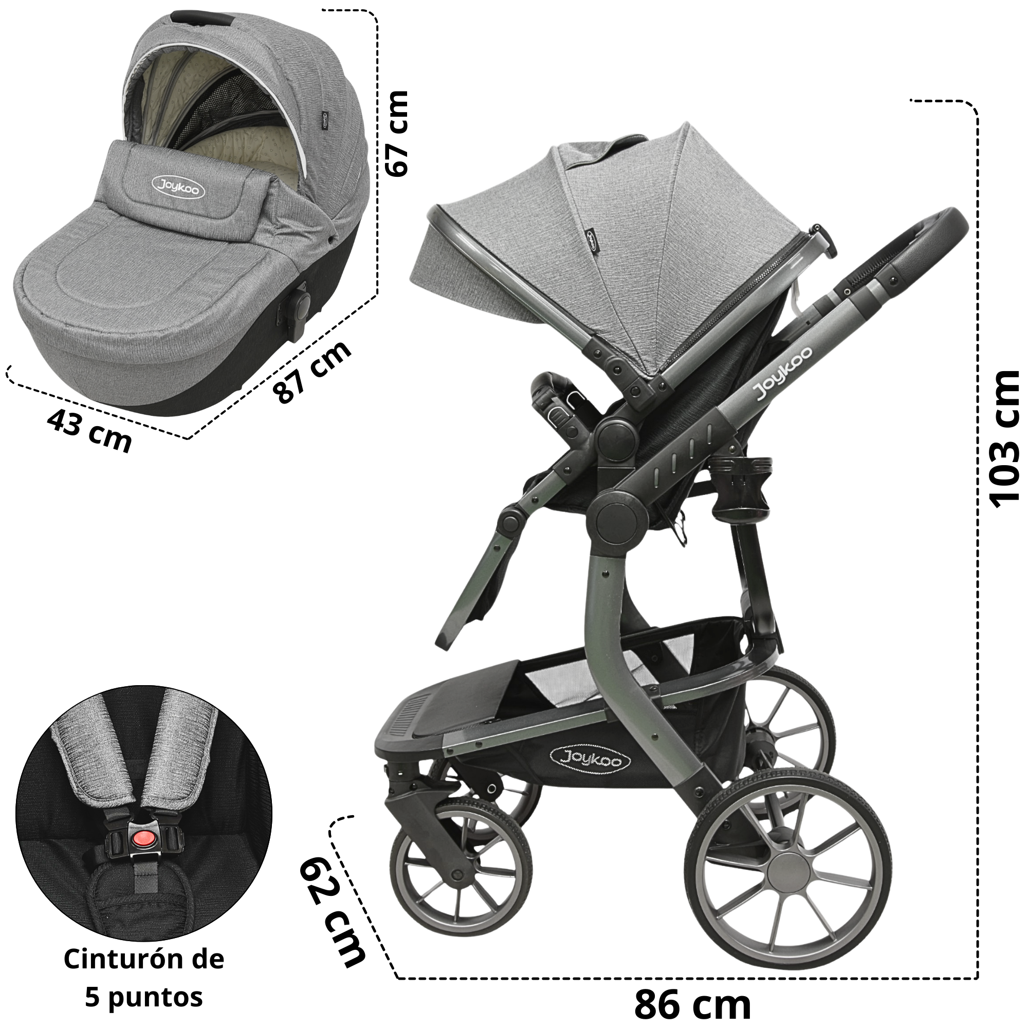 Foto 5 | Carriola Para Bebé Asiento Reversible Bambineto Acolchado Ruedas De Goma Plegable Cinturón De Seguridad - Gris