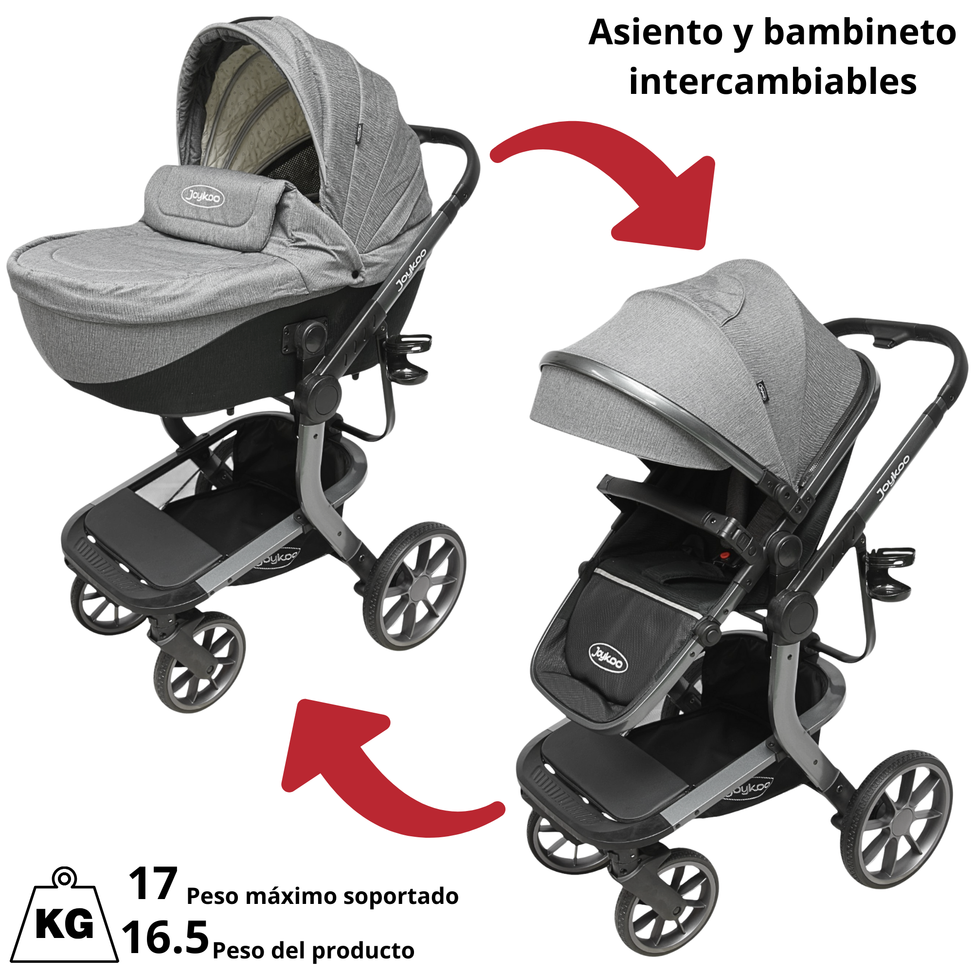Foto 7 | Carriola Para Bebé Asiento Reversible Bambineto Acolchado Ruedas De Goma Plegable Cinturón De Seguridad - Gris