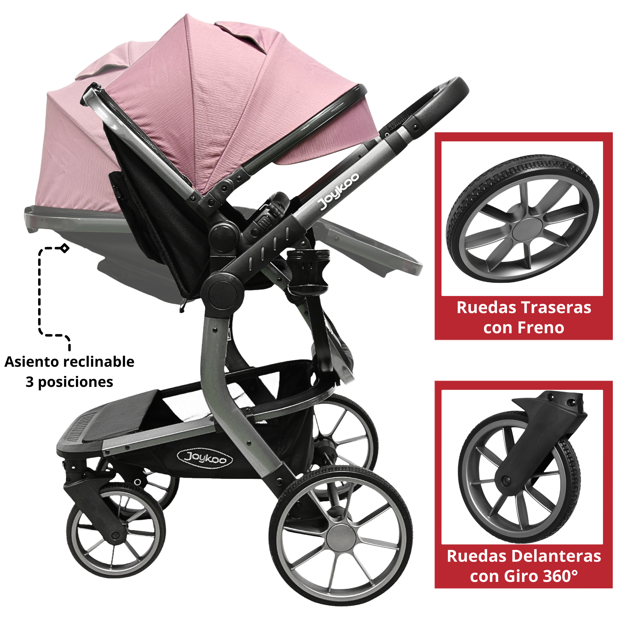 Foto 4 pulgar | Carriola Para Bebé Asiento Reversible Bambineto Acolchado Ruedas De Goma Plegable Cinturón De Seguridad - Rosa