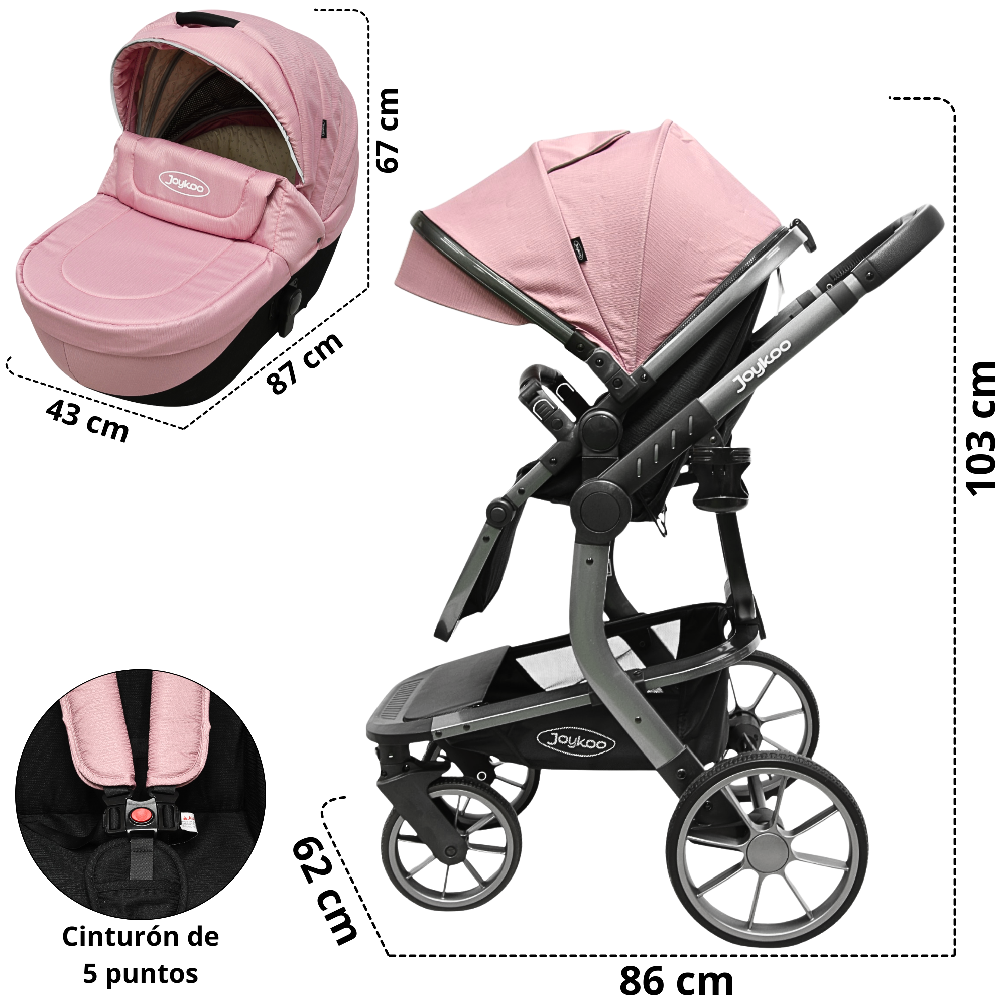 Foto 6 pulgar | Carriola Para Bebé Asiento Reversible Bambineto Acolchado Ruedas De Goma Plegable Cinturón De Seguridad - Rosa