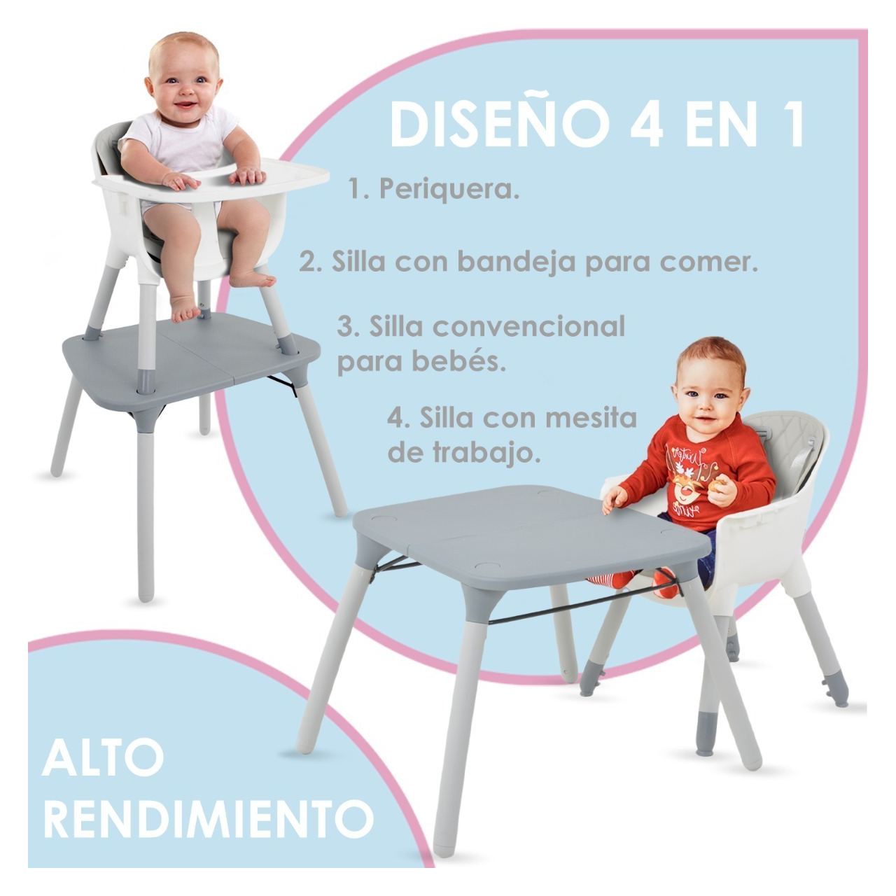 Foto 4 pulgar | Silla Periquera Alta Bebe 4 En 1 Reforzada Mesa Actividades Little Monkey Mkz-silla4en1ama Gris