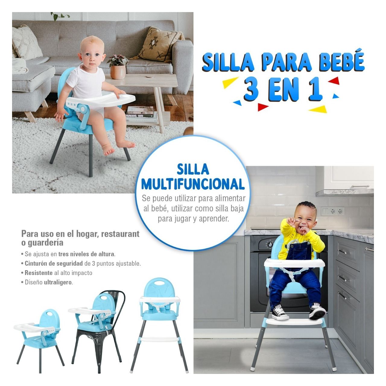 Foto 4 pulgar | Silla Periquera Alta Bebe 3 En 1 Plegable Bandeja Portavasos Little Monkey Mkz-silla3en1azu Azul