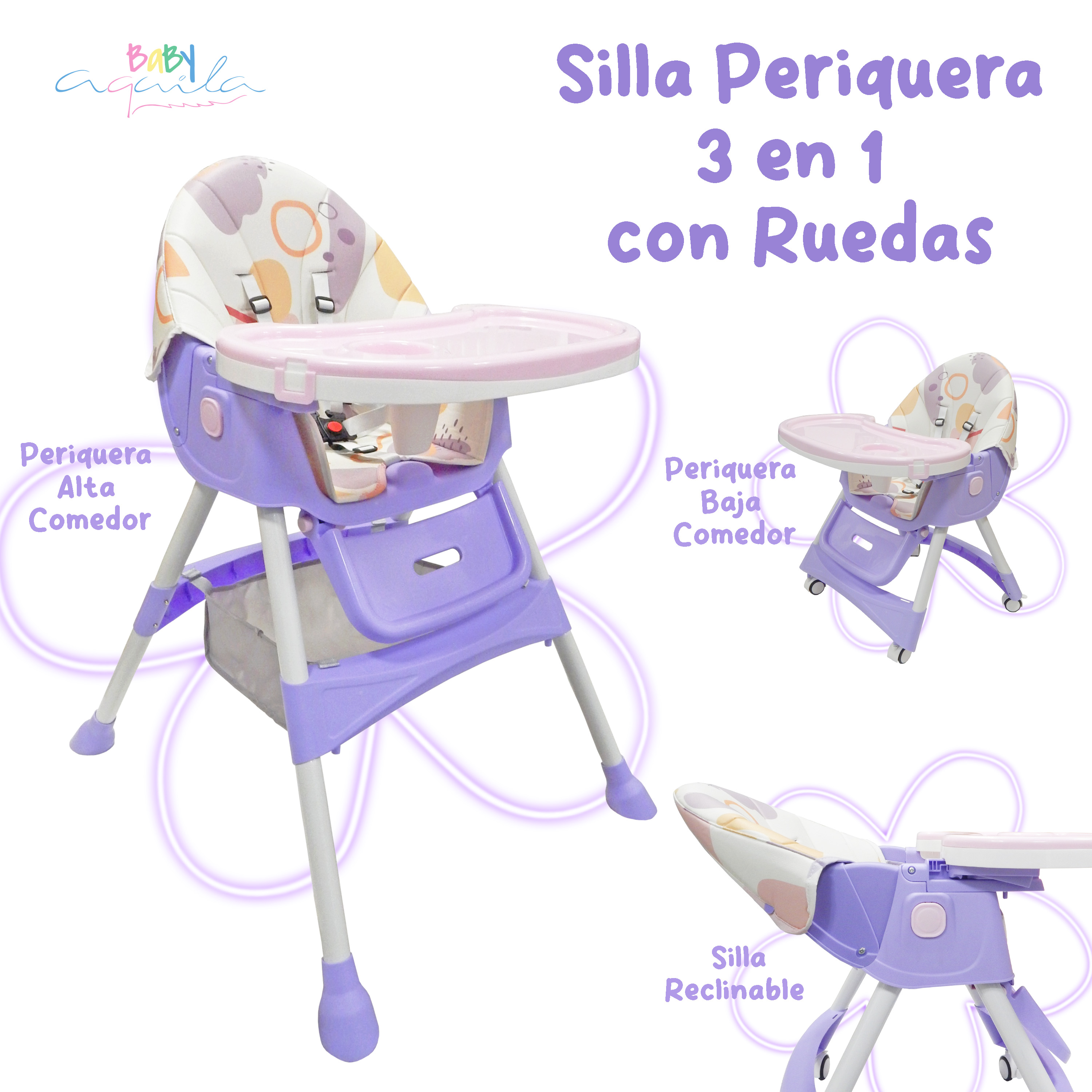 Foto 3 pulgar | Silla Periquera Aquila Sp5277 color Morado con Ruedas