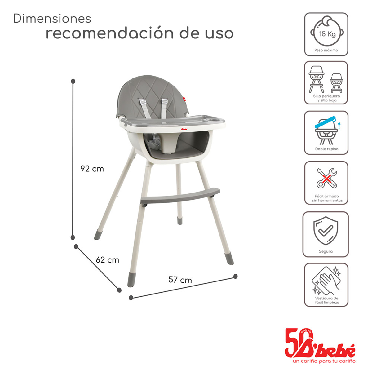 Foto 5 | Silla Alta Periquera D'bebé Cosmic 3 en 1 Gris