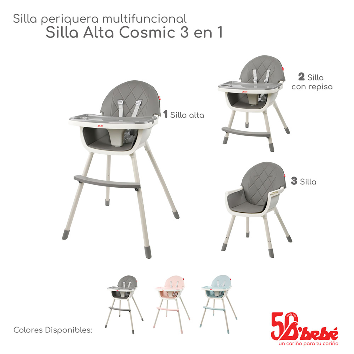 Foto 7 pulgar | Silla Alta Periquera D'bebé Cosmic 3 en 1 Gris