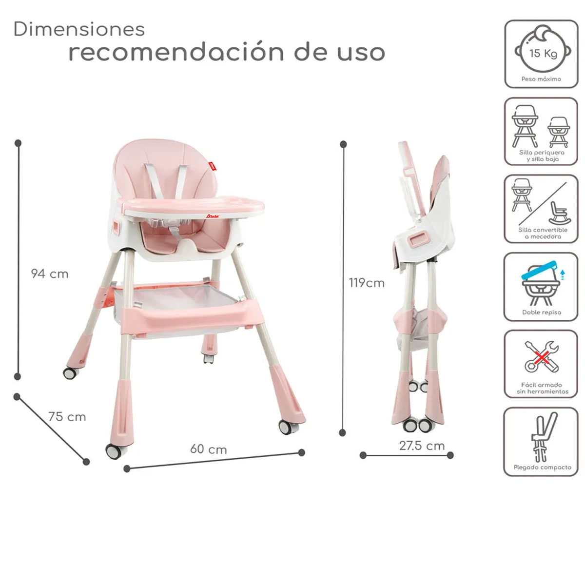 Foto 5 pulgar | Silla Alta 3 en 1 Eat & Rock para Bebé en Rosa