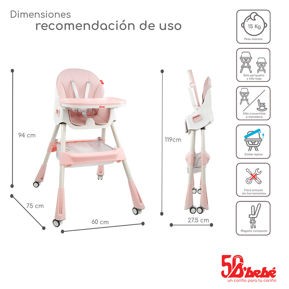 Foto 4 pulgar | Silla Periquera D Bebé Rosa