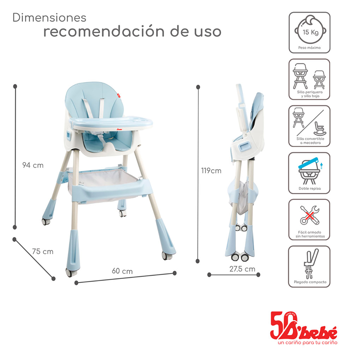 Foto 4 pulgar | Silla Alta Periquera D'bebé Eat & Rock 3 en 1 Azul