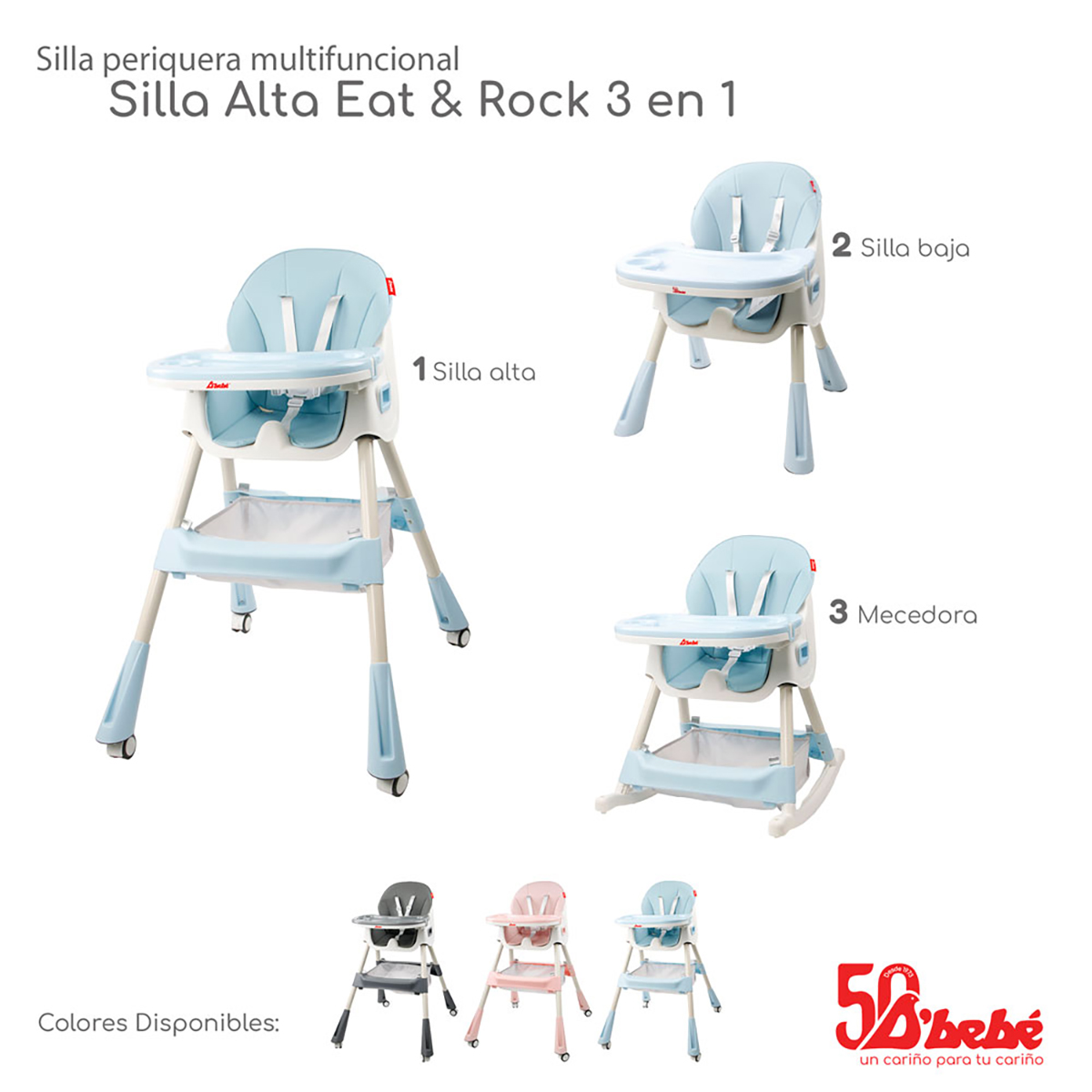 Foto 7 pulgar | Silla Alta Periquera D'bebé Eat & Rock 3 en 1 Azul