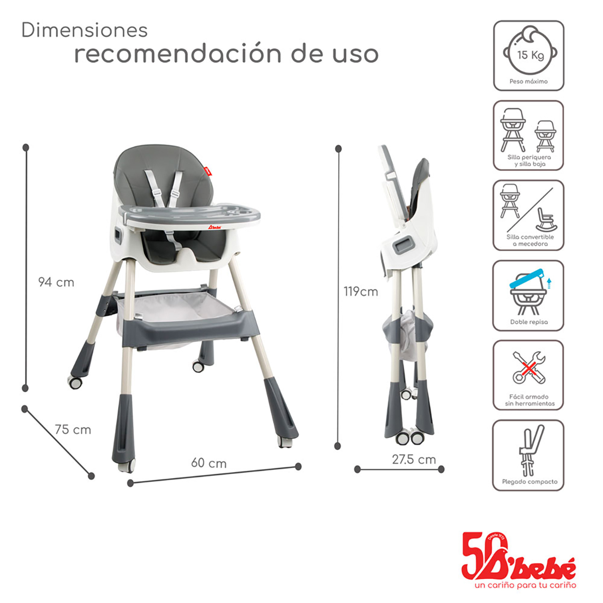 Foto 3 | Silla Alta Periquera D'bebé Eat & Rock 3 en 1 Gris