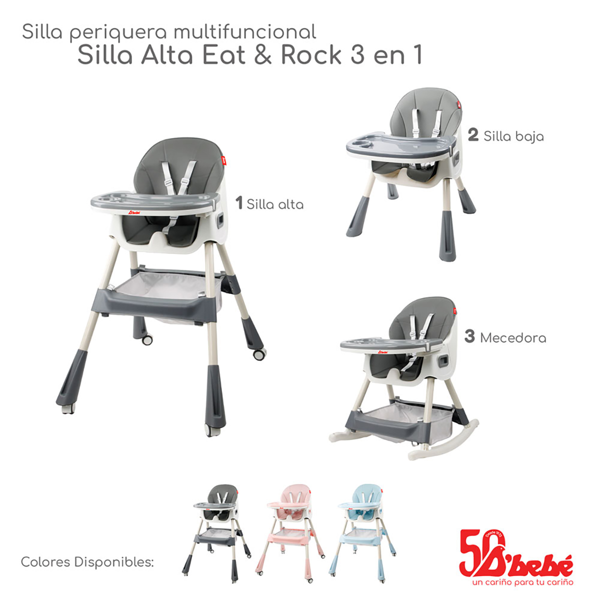 Foto 7 | Silla Alta Periquera D'bebé Eat & Rock 3 en 1 Gris