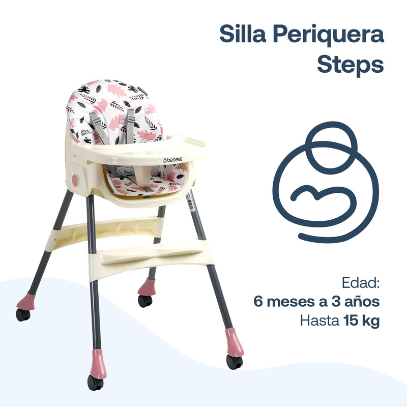 Foto 3 pulgar | Silla Periquera Steps Bebesit Bandeja Y Cinturón 5 Puntos Rosa