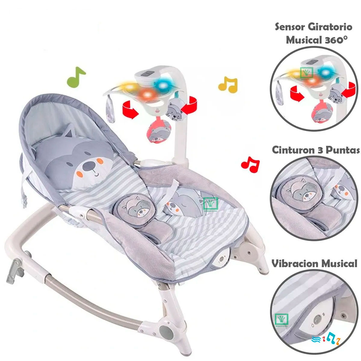 Foto 1 | Silla Mecedora de Mapache Semiautomático con Temporizador y Sensor Giratorio para Bebés Gris