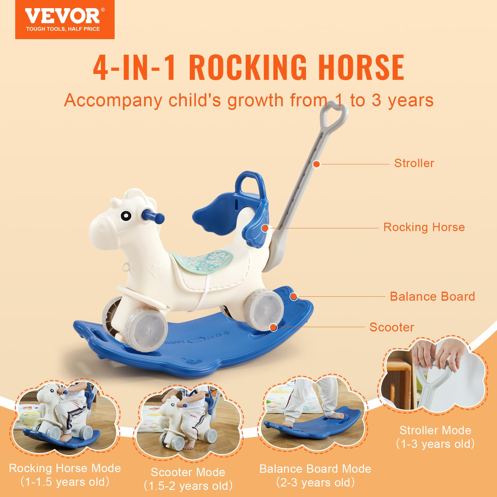 Foto 3 pulgar | Rocking Horse Vevor 4 En 1 Para Niños Pequeños De 1 A 3 Años Con Sonido - Venta Internacional.
