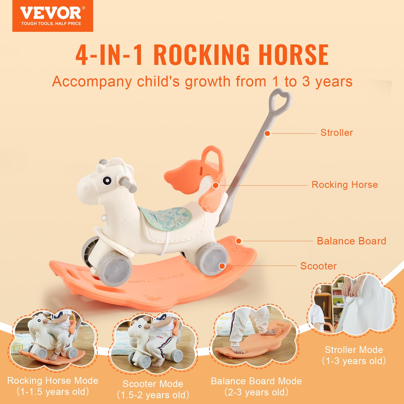 Foto 3 pulgar | Rocking Horse Vevor 4 En 1 Para Niños Pequeños De 1 A 3 Años Con Sonido - Venta Internacional.