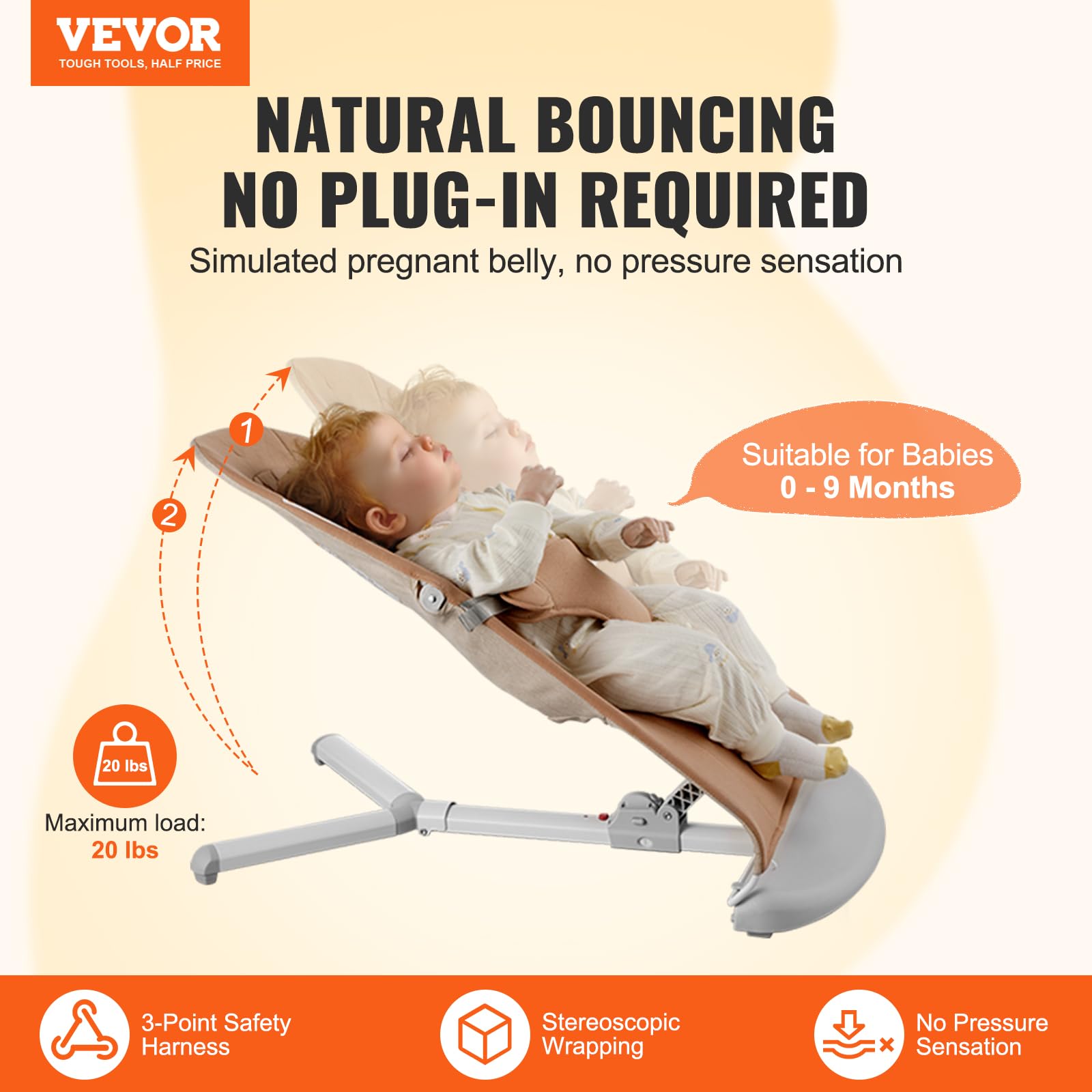 Foto 3 pulgar | Asiento Plegable Baby Bouncer Vevor Para Bebés De 0 A 9 Meses, Color Camel - Venta Internacional.