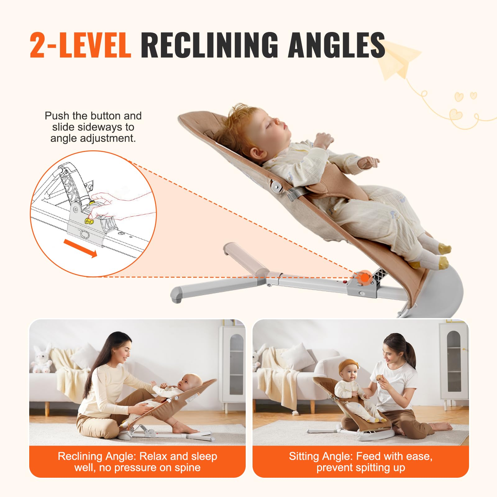 Foto 4 pulgar | Asiento Plegable Baby Bouncer Vevor Para Bebés De 0 A 9 Meses, Color Camel - Venta Internacional.