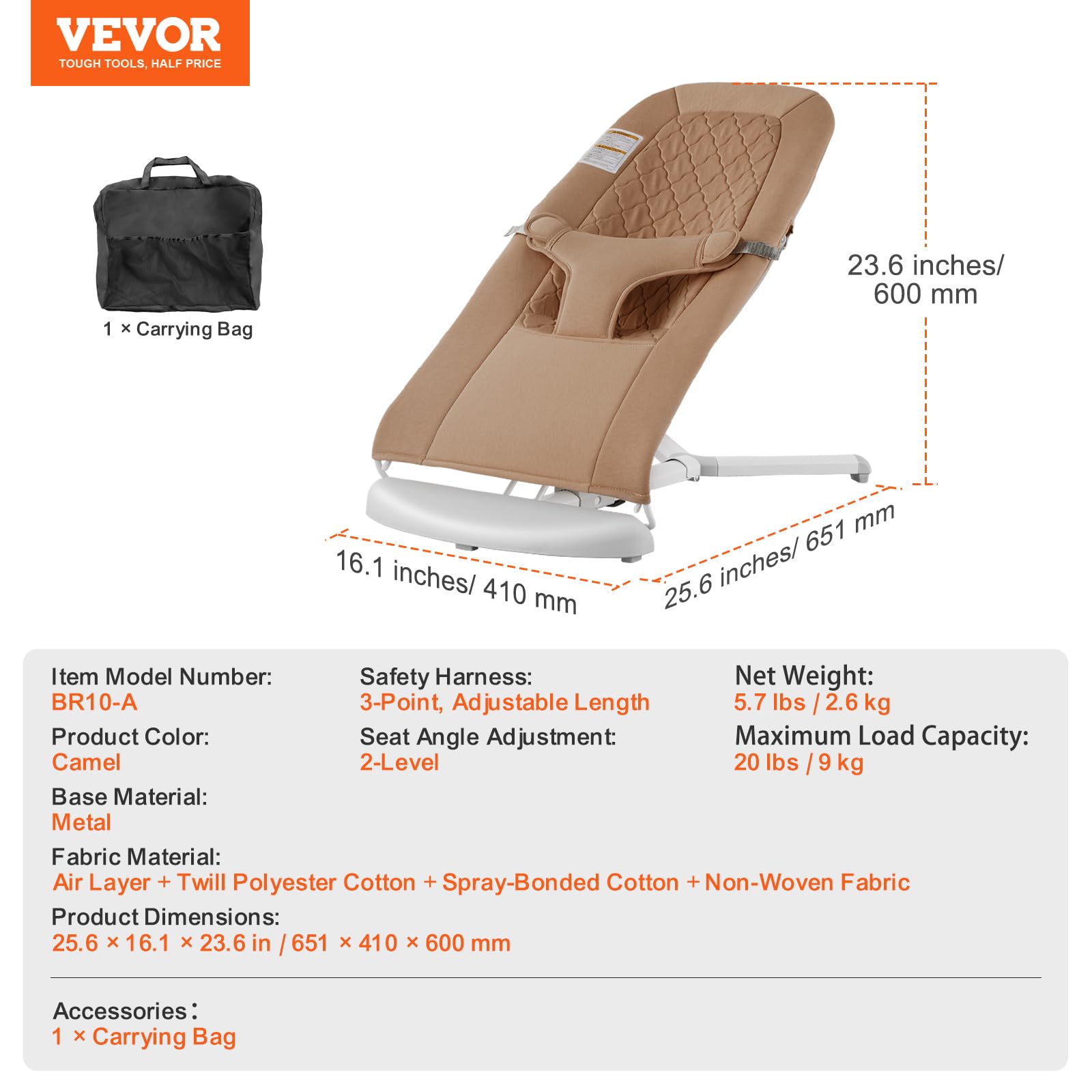 Foto 8 pulgar | Asiento Plegable Baby Bouncer Vevor Para Bebés De 0 A 9 Meses, Color Camel - Venta Internacional.