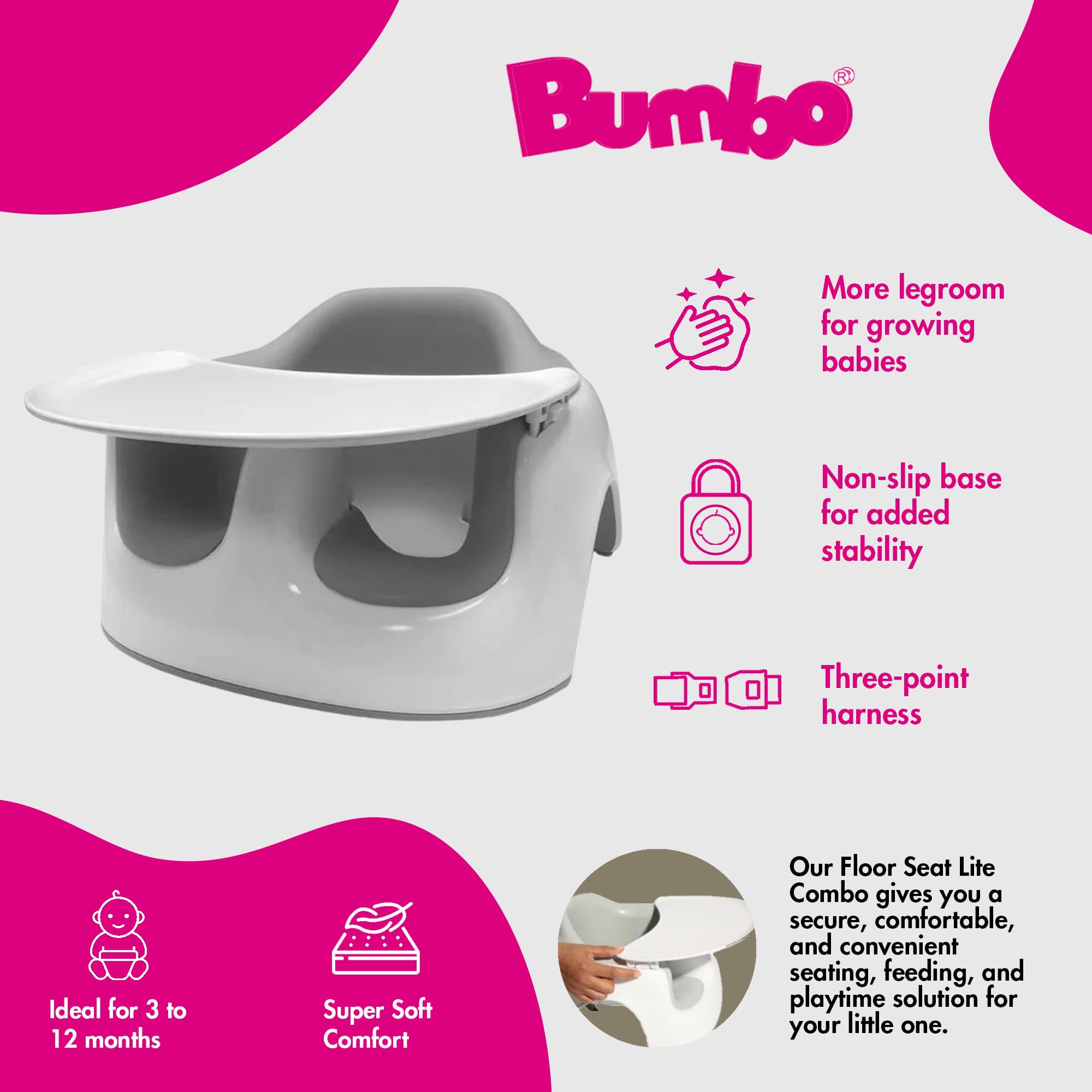 Foto 2 | Asiento De Suelo Para Bebé Bumbo Lite Cool Grey Con Bandeja De 3 A 12 Meses - Venta Internacional.