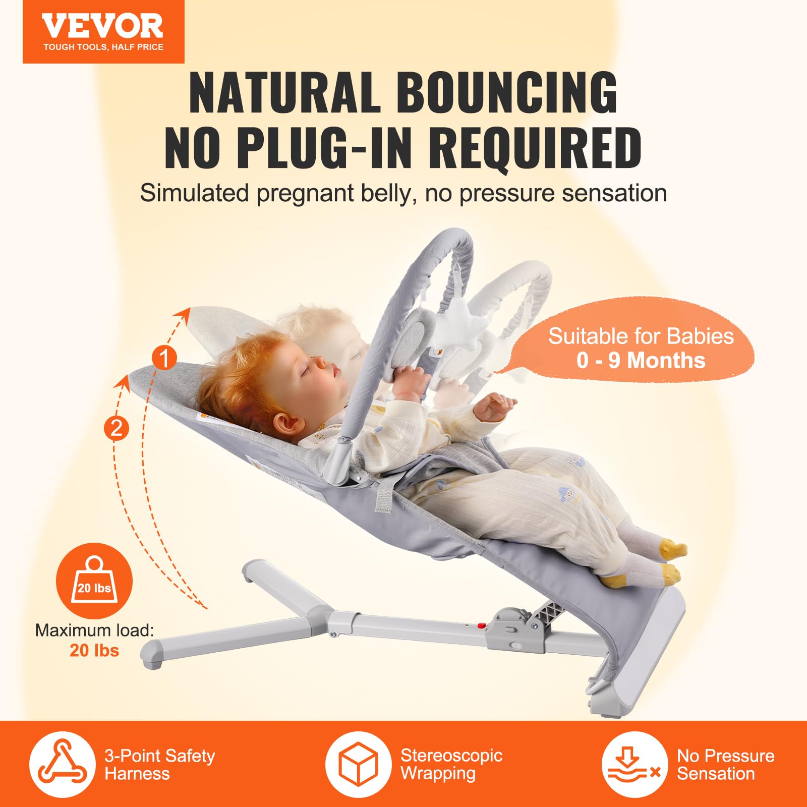 Foto 3 pulgar | Asiento Plegable Baby Bouncer Vevor De 0 A 9 Meses Con Barra De Juguetes, Color Gris Claro - Venta Internacional.