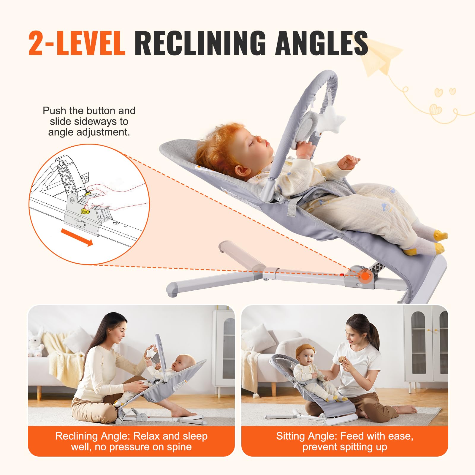Foto 4 pulgar | Asiento Plegable Baby Bouncer Vevor De 0 A 9 Meses Con Barra De Juguetes, Color Gris Claro - Venta Internacional.