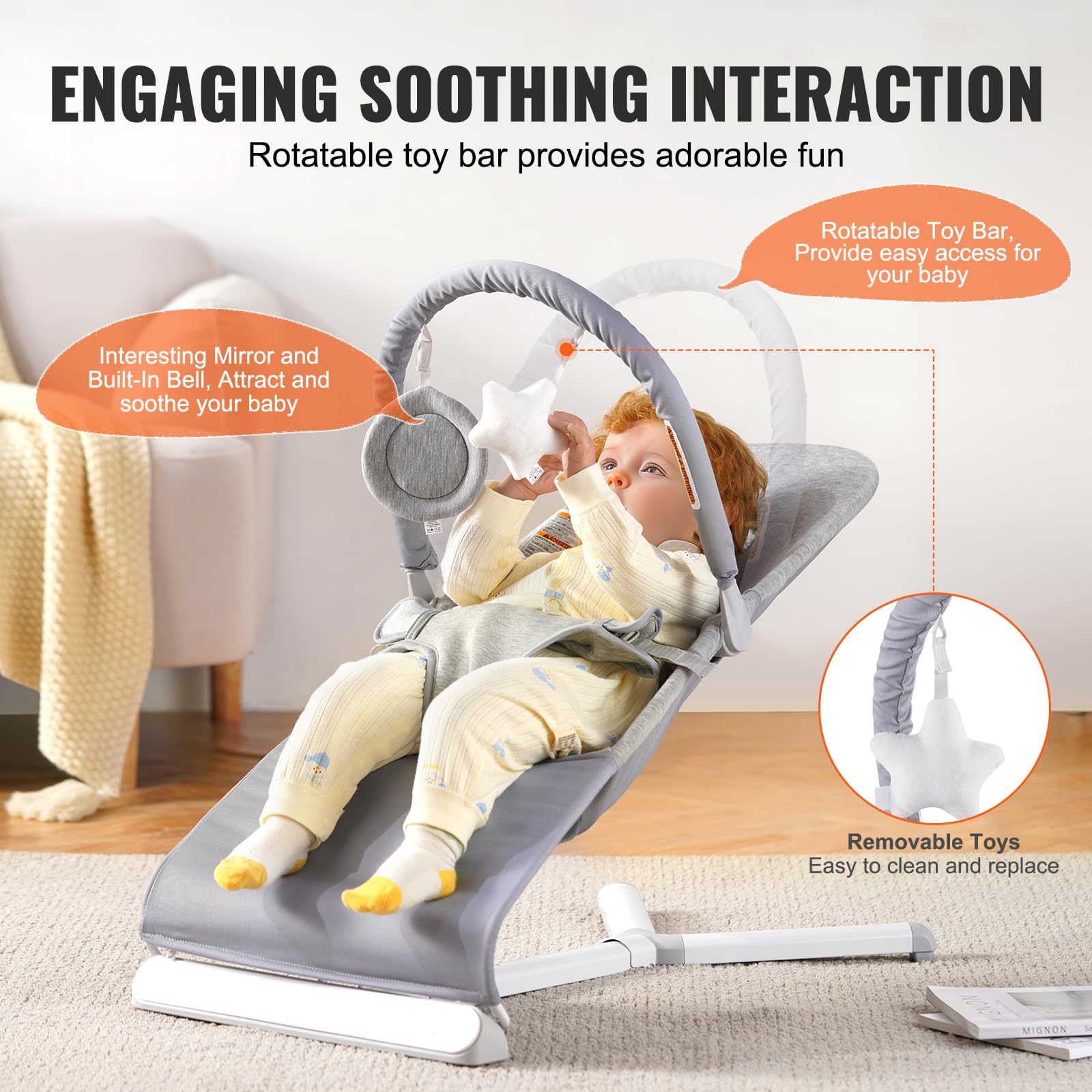 Foto 6 pulgar | Asiento Plegable Baby Bouncer Vevor De 0 A 9 Meses Con Barra De Juguetes, Color Gris Claro - Venta Internacional.