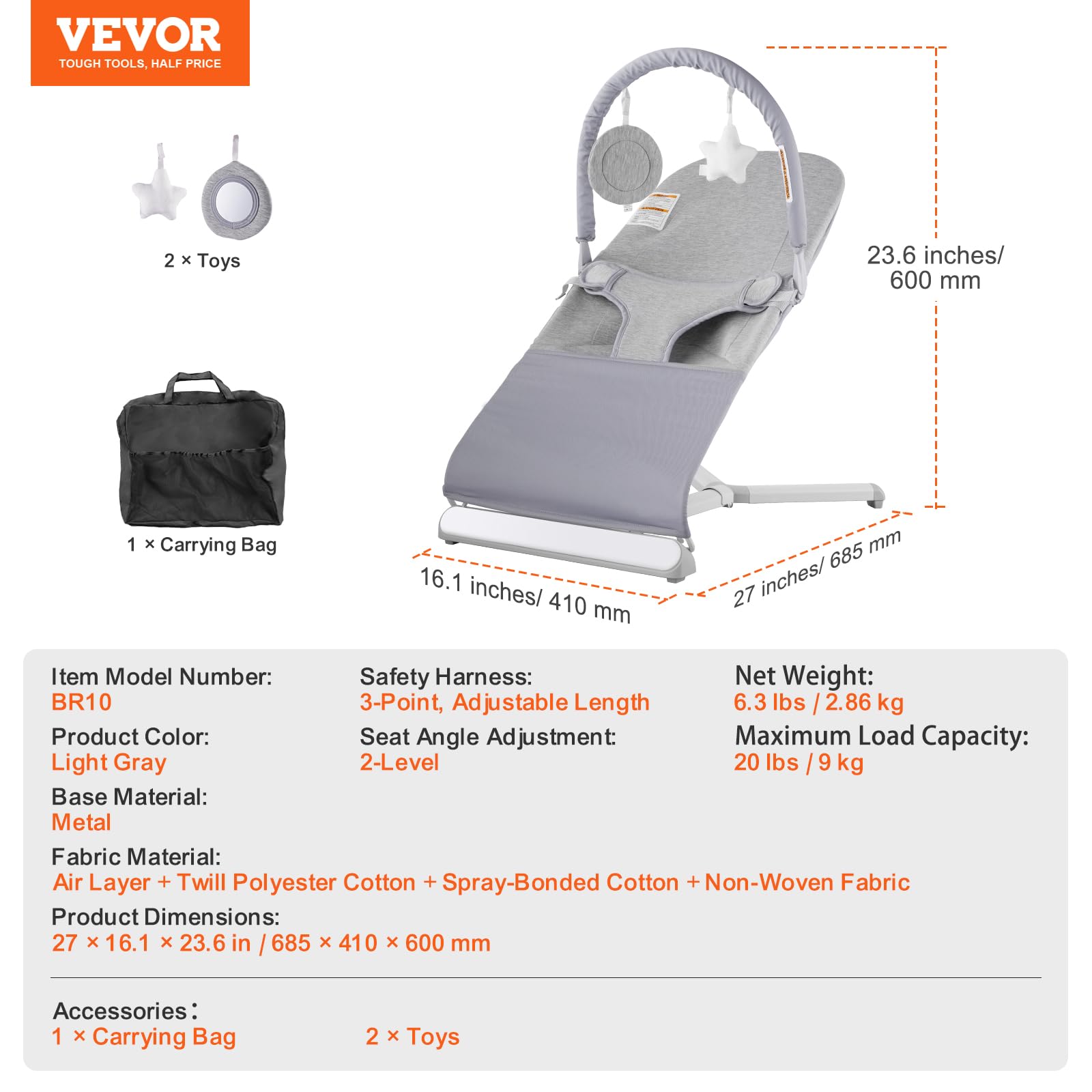 Foto 8 pulgar | Asiento Plegable Baby Bouncer Vevor De 0 A 9 Meses Con Barra De Juguetes, Color Gris Claro - Venta Internacional.