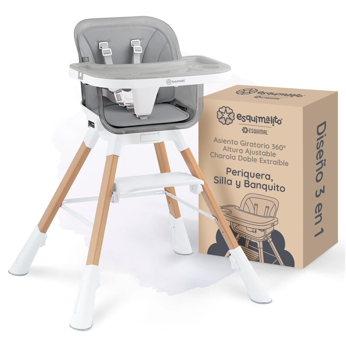 Foto 1 | Silla Alta Periquera Bebé 3 En 1 Esquimal  Gris  Doble Bandeja Para Comer  Asiento Giratorio 360°  Altura Ajustable