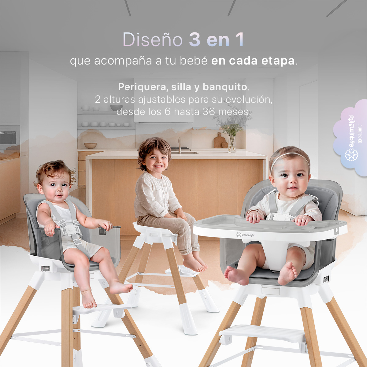 Foto 3 pulgar | Silla Alta Periquera Bebé 3 En 1 Esquimal  Gris  Doble Bandeja Para Comer  Asiento Giratorio 360°  Altura Ajustable