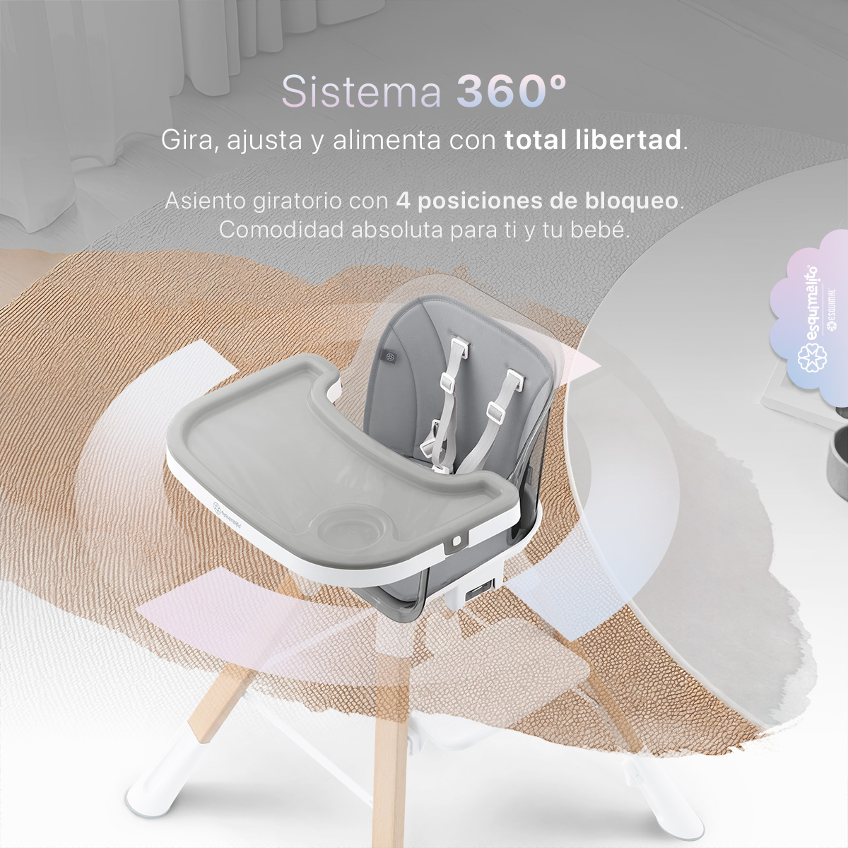 Foto 4 pulgar | Silla Alta Periquera Bebé 3 En 1 Esquimal  Gris  Doble Bandeja Para Comer  Asiento Giratorio 360°  Altura Ajustable