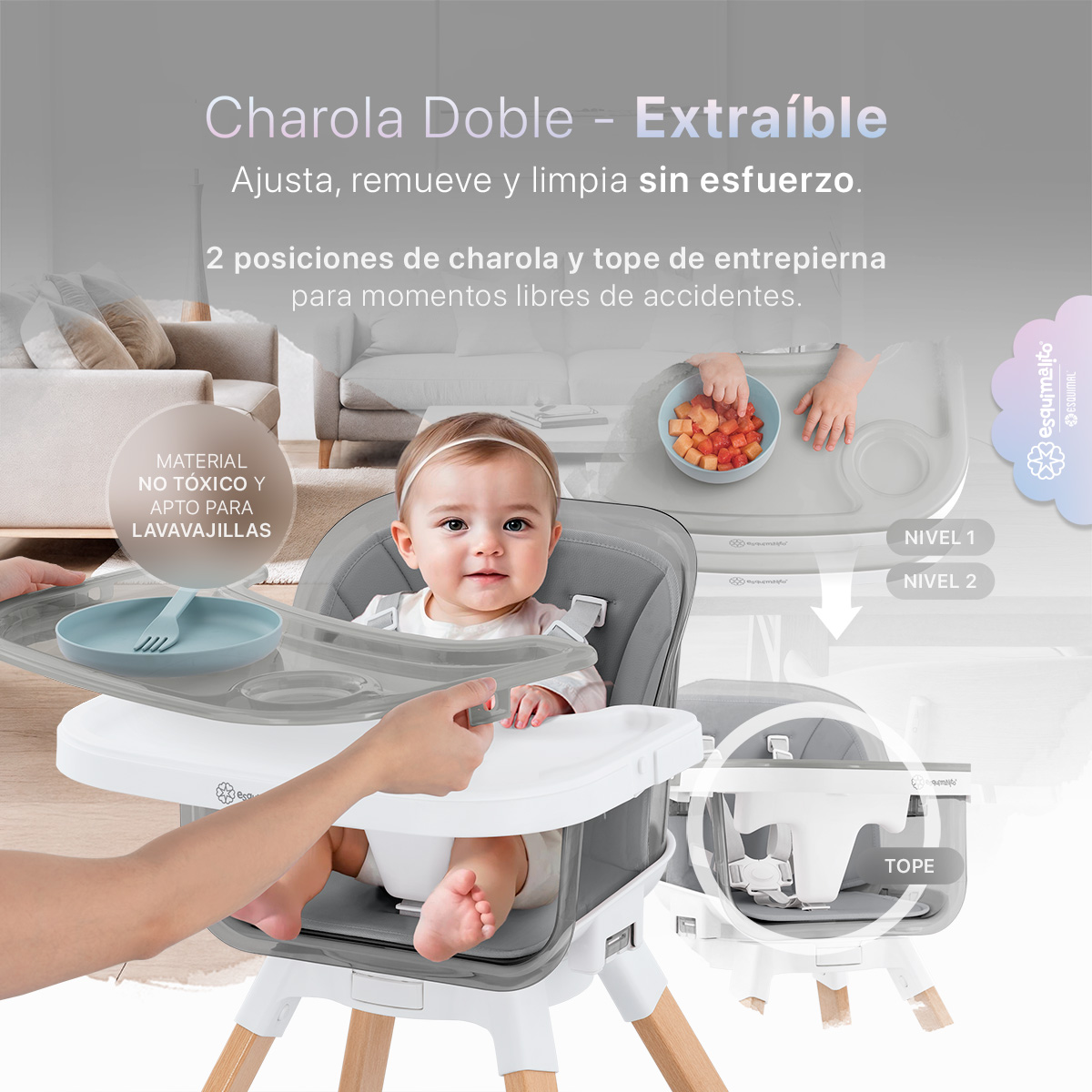 Foto 5 pulgar | Silla Alta Periquera Bebé 3 En 1 Esquimal  Gris  Doble Bandeja Para Comer  Asiento Giratorio 360°  Altura Ajustable
