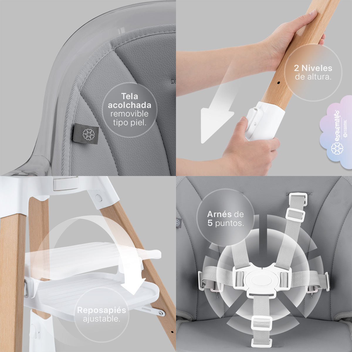 Foto 5 | Silla Alta Periquera Bebé 3 En 1 Esquimal  Gris  Doble Bandeja Para Comer  Asiento Giratorio 360°  Altura Ajustable